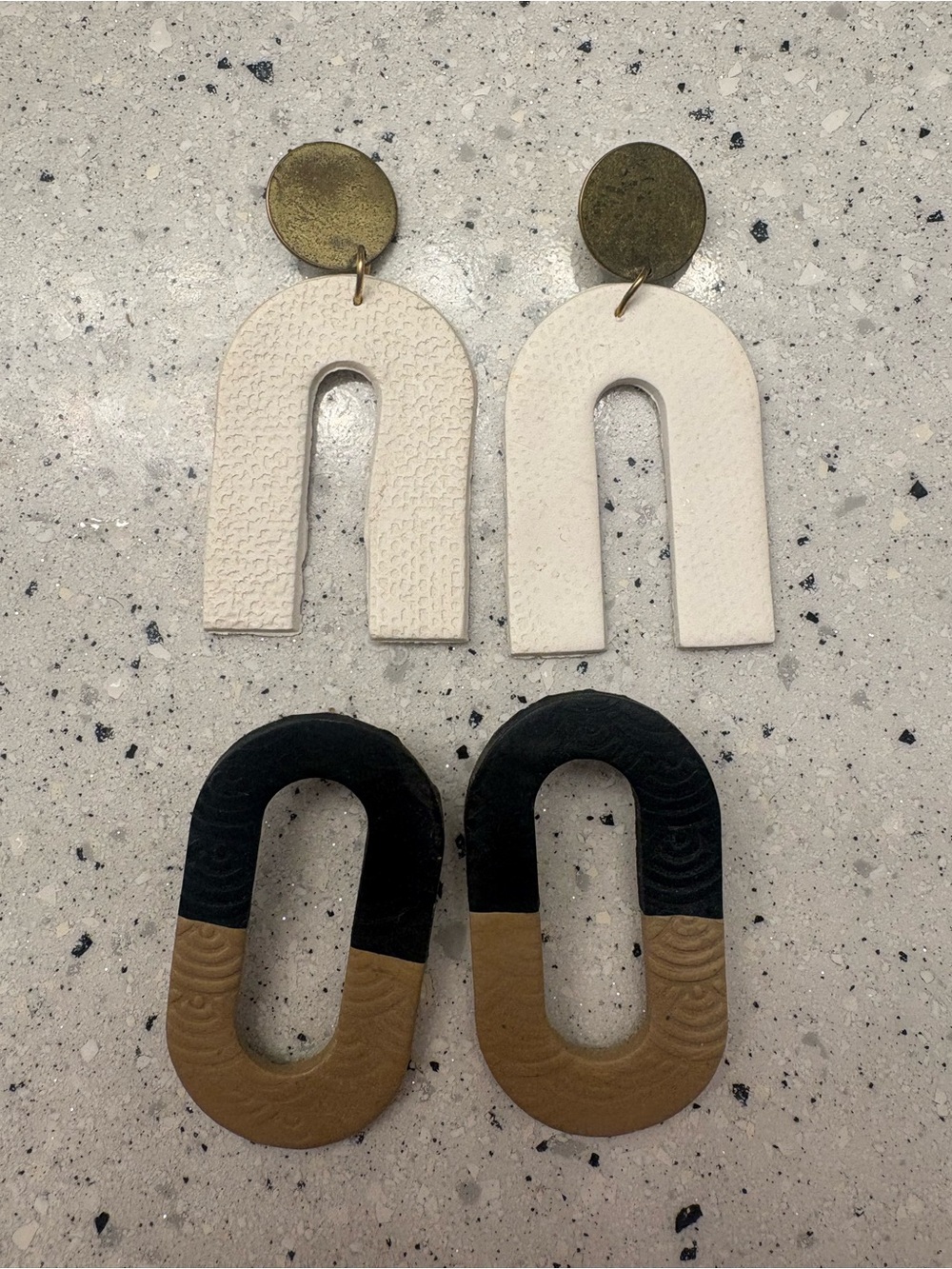 Handcrafted Clay Arch Drop Earrings - White and Black/Tan